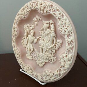 Romantic Ballad Scene Ceramic Plate – Pink & White Relief,